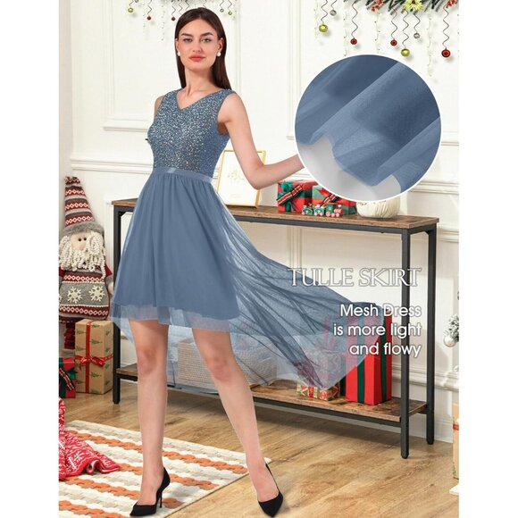 BeryLove Women Tulle Sequin Grey Chiffon Scoop Neck Sleeveless Cocktail Dresses - Picture 5 of 7